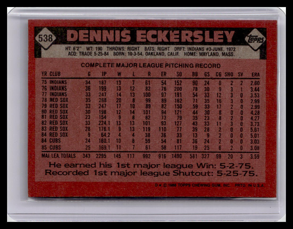 1986 Topps #538 Dennis Eckersley