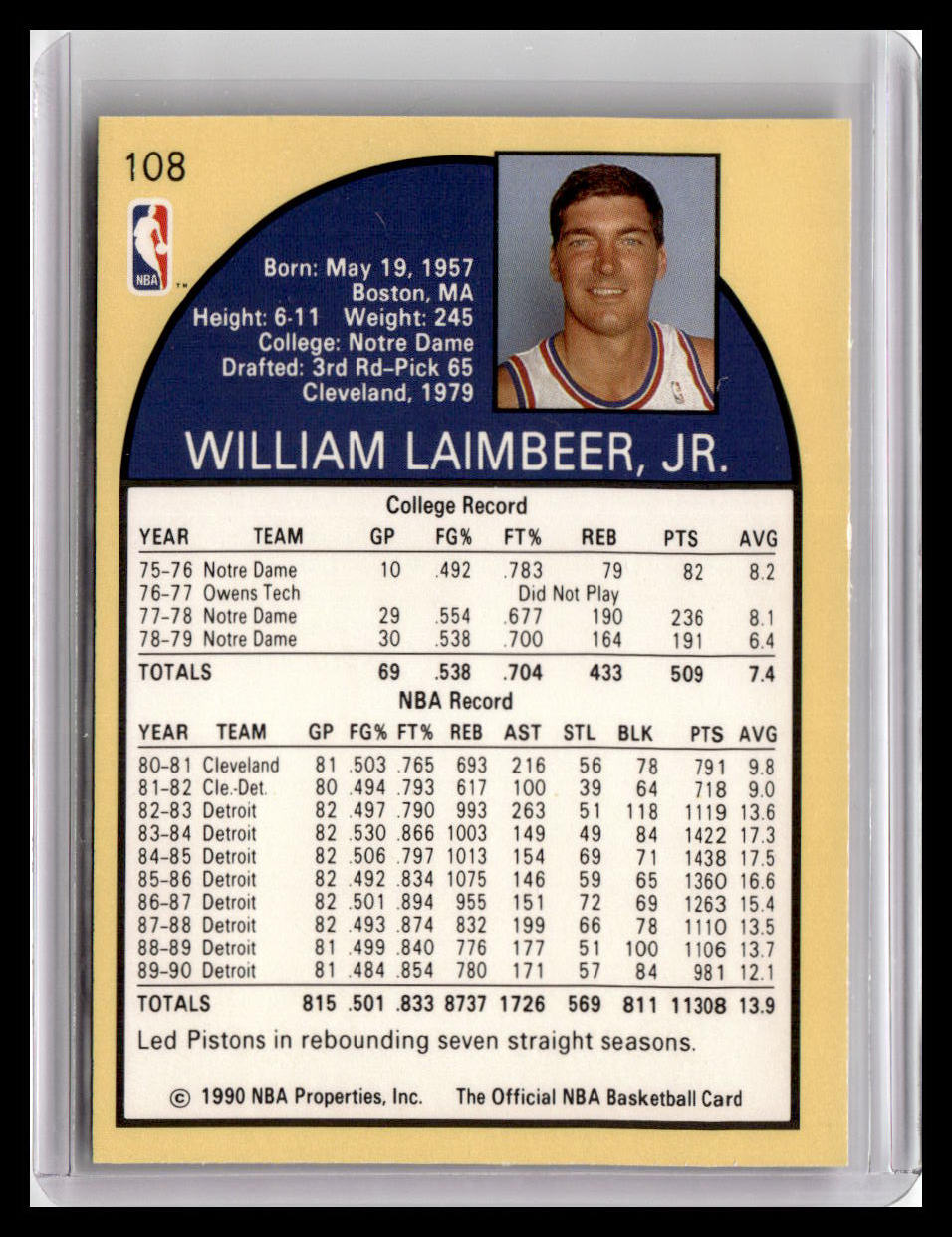 1990-91 Hoops #108 Bill Laimbeer