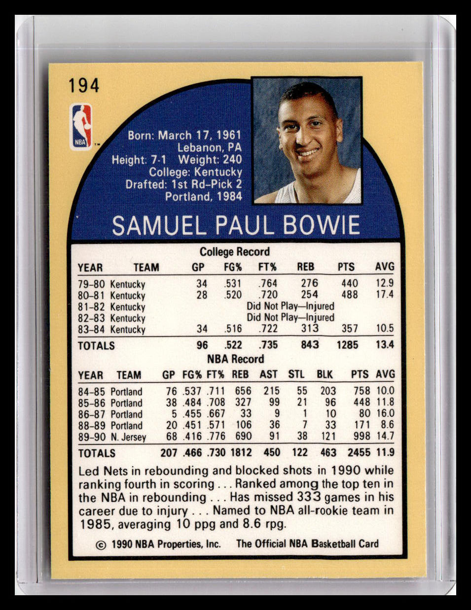 1990-91 Hoops #194 Sam Bowie