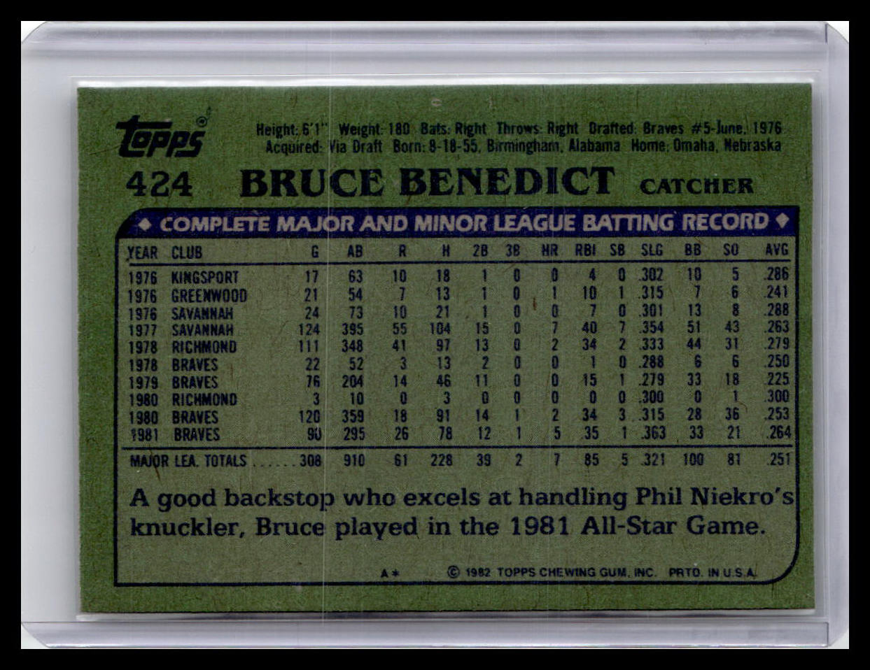 1982 Topps #424 Bruce Benedict