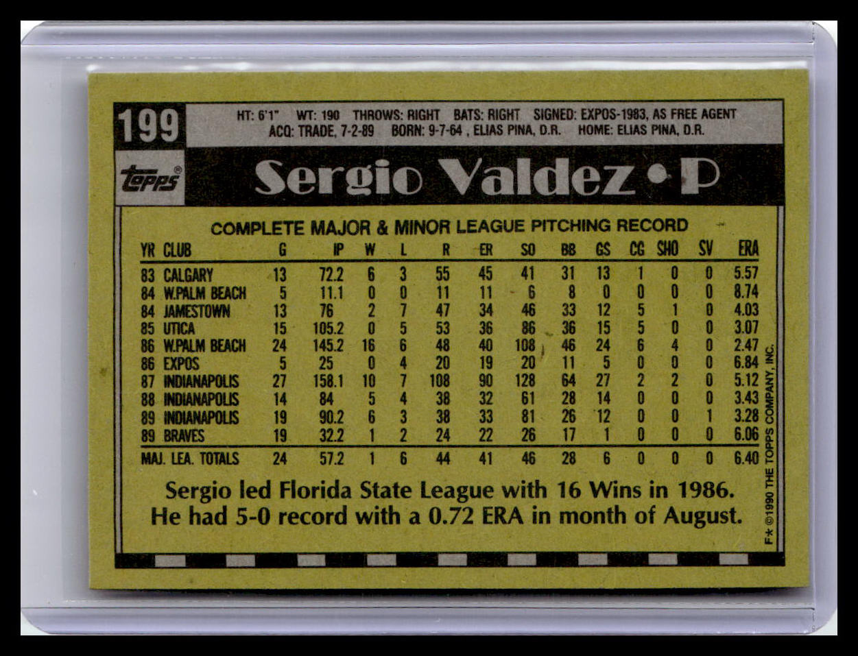 1990 Topps #199 Sergio Valdez