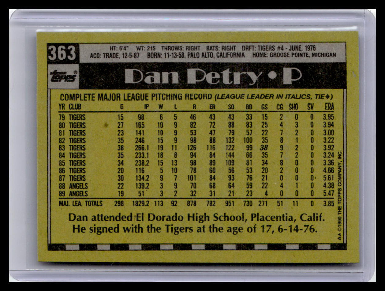 1990 Topps #363 Dan Petry Collector's Edition (Tiffany)