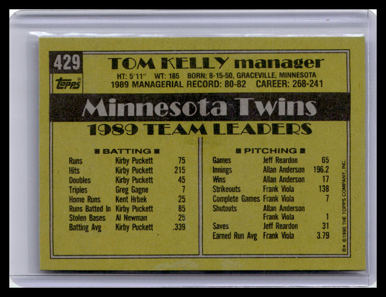 1990 Topps #429 Tom Kelly
