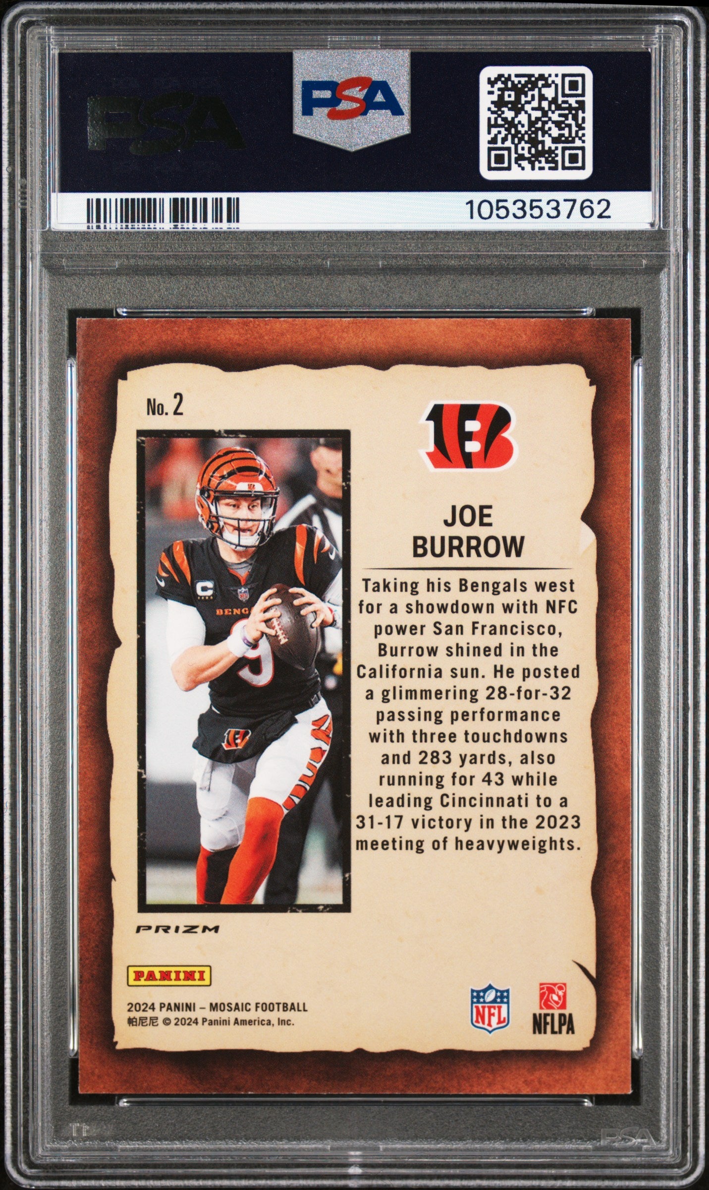 2024 Panini Mosaic Notoriety #2 Joe Burrow Notoriety-Red PSA 10