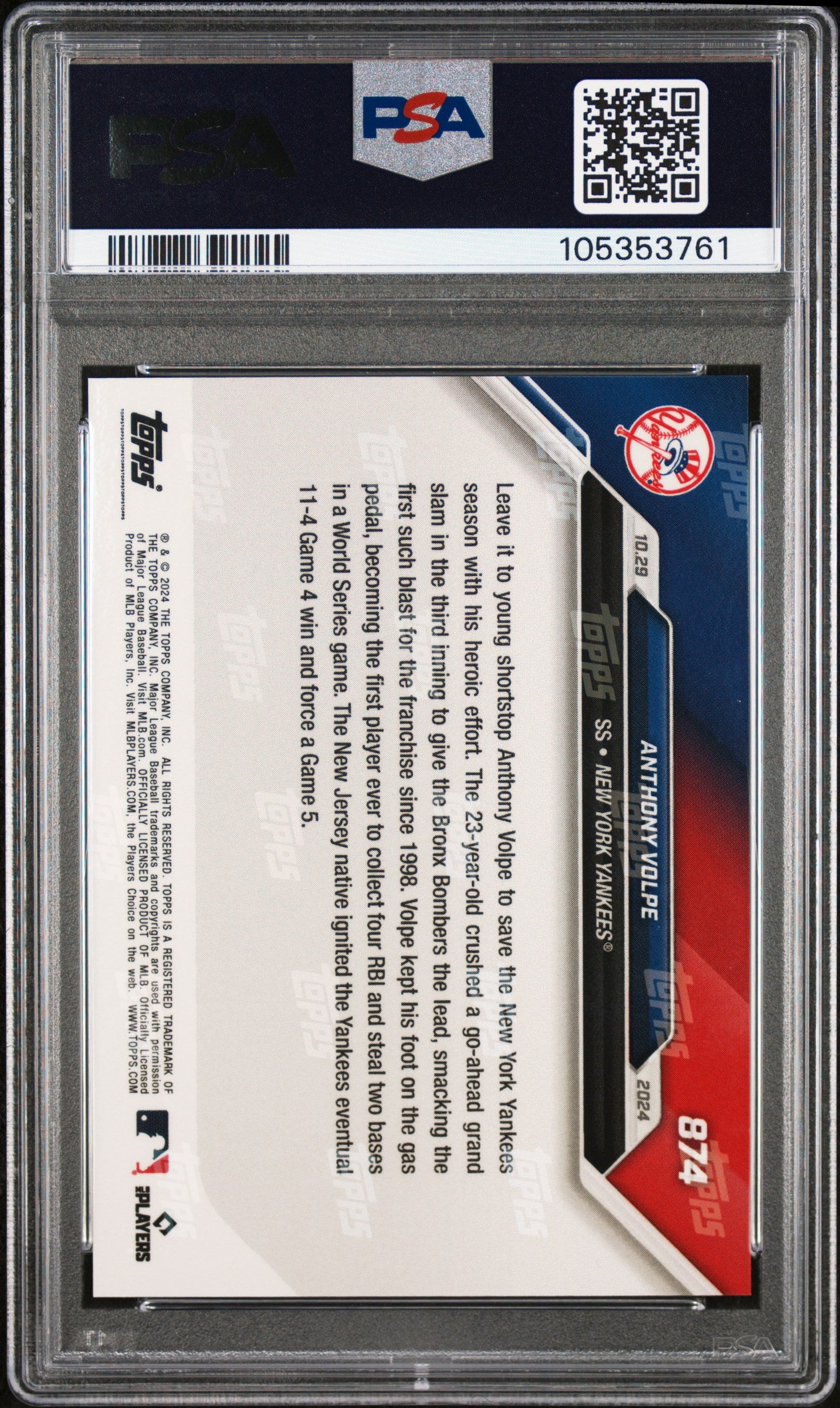 2024 Topps Now #874 Anthony Volpe PSA 10