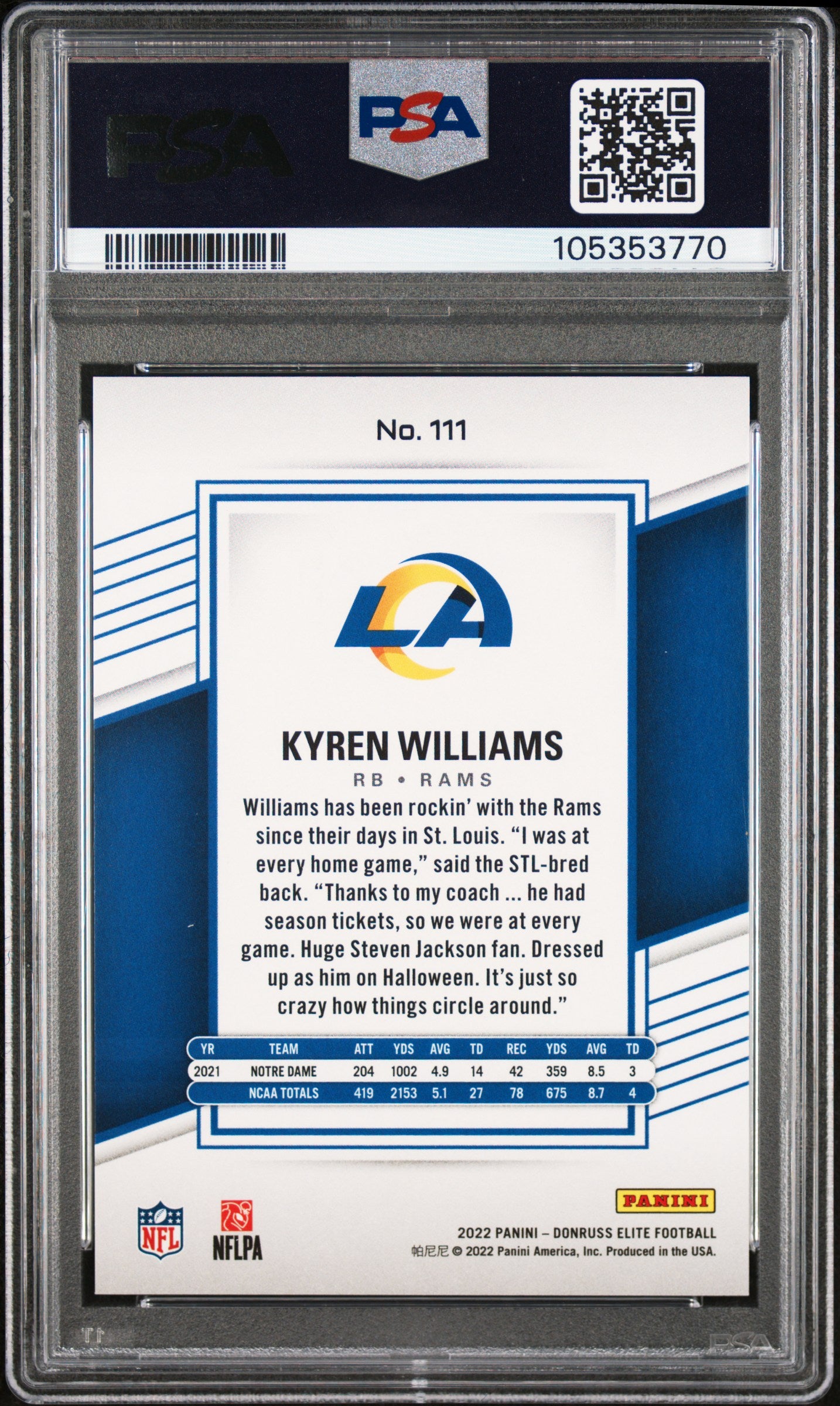 2022 Panini Donruss Elite #111 Kyren Williams Purple PSA 10