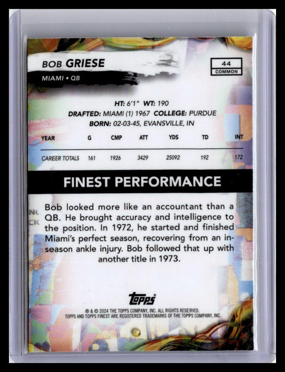 2024 Finest #44 Bob Griese Checkerboard Refractor