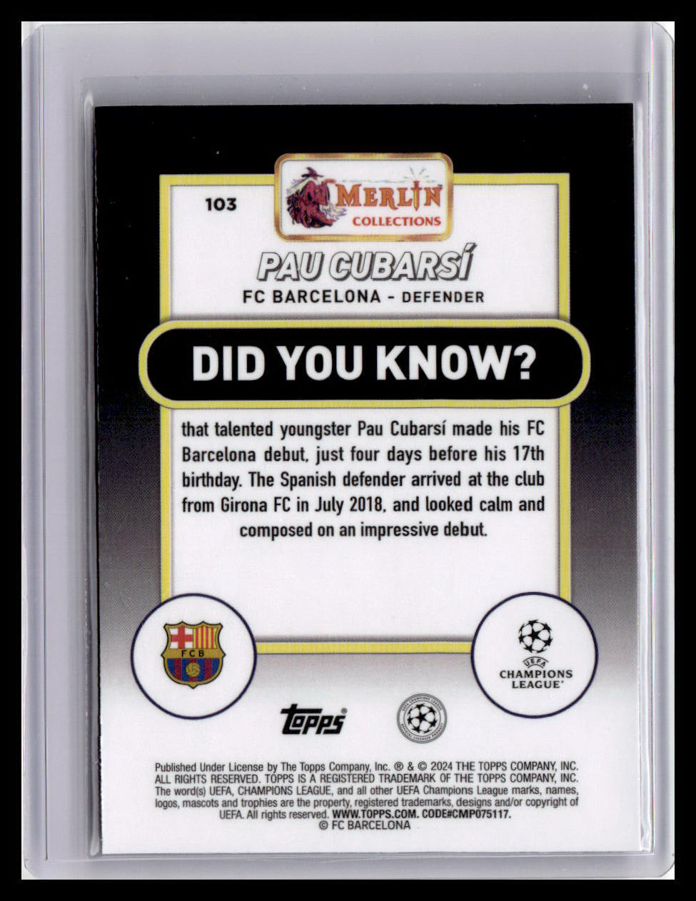 2023-24 Merlin UEFA Club Comp #103 Pau Cubarsí Soccer Ball Refractor