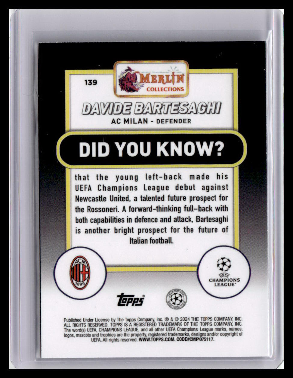 2023-24 Merlin UEFA Club Competitions #139 Davide Bartesaghi (RC)
