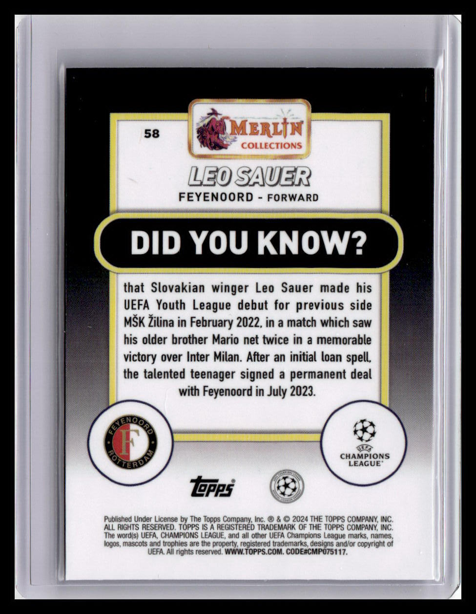 2023-24 Merlin UEFA Club Competitions #58 Leo Sauer (RC)
