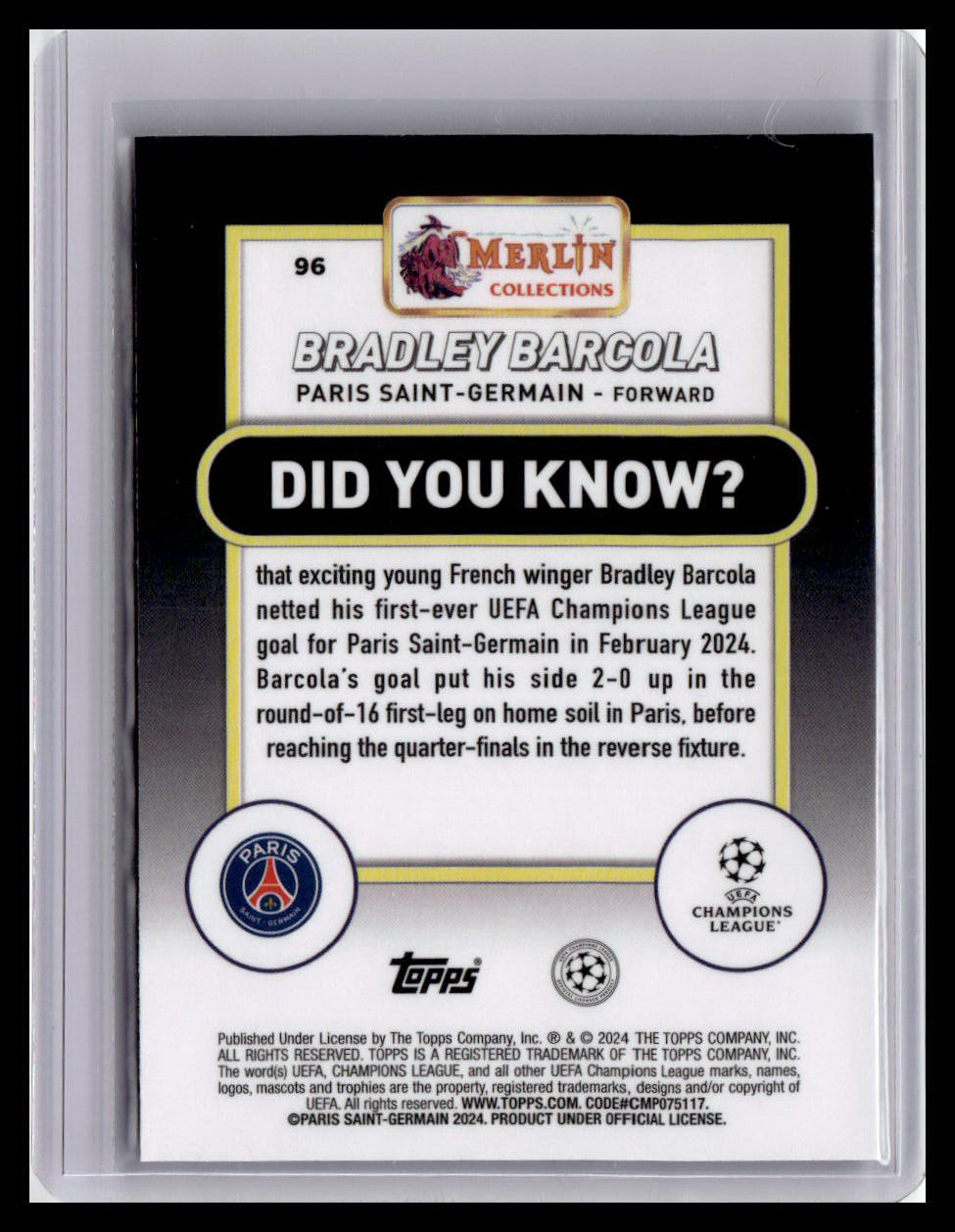 2023-24 Merlin UEFA Club Competitions #96 Bradley Barcola (RC)