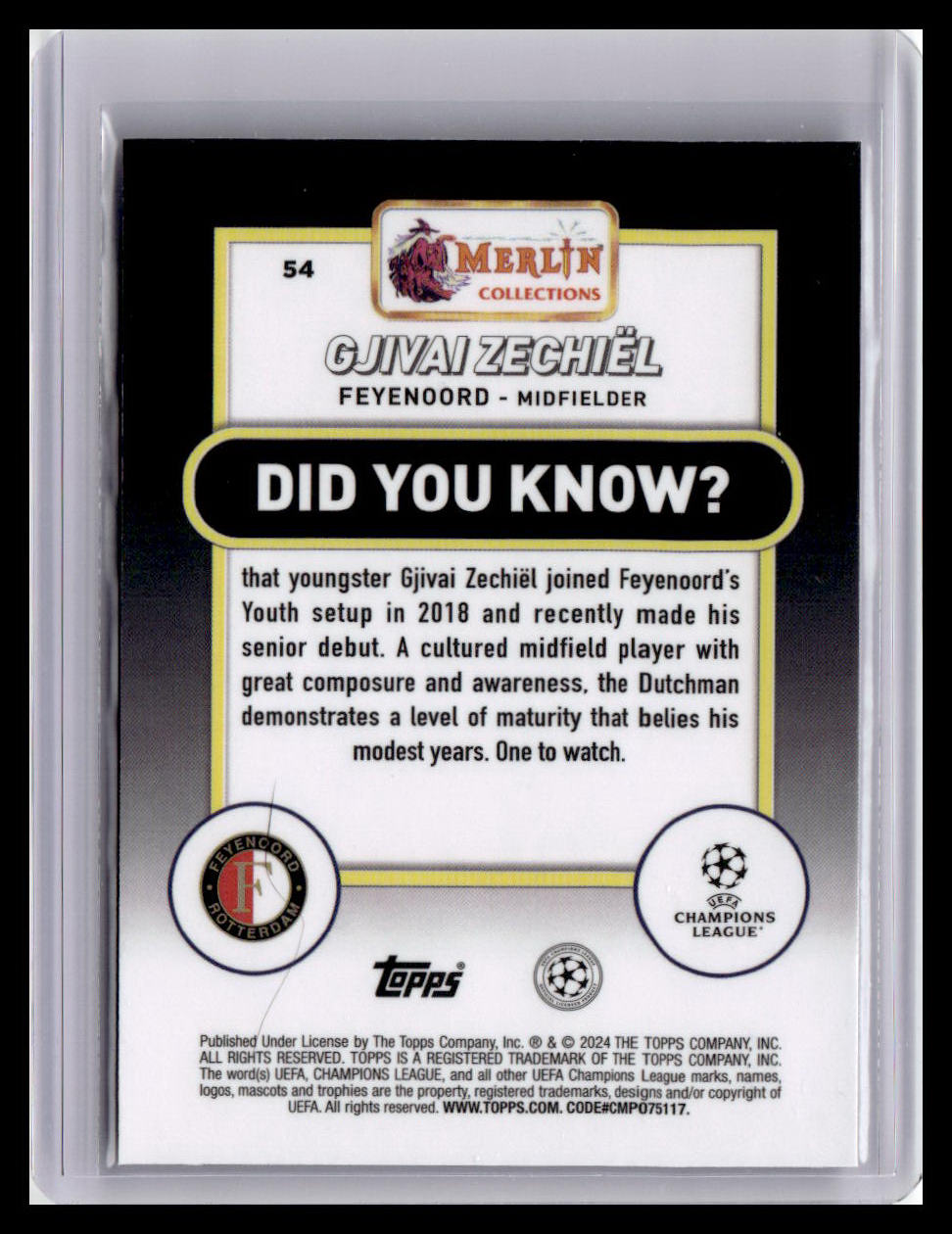 2023-24 Merlin UEFA Club Competitions #54 Gjivai Zechiël (RC)