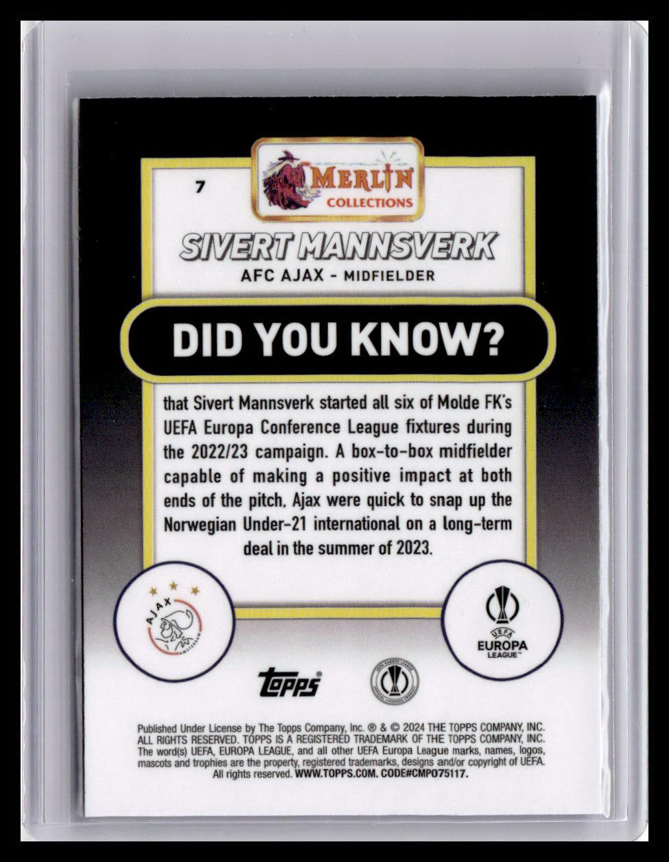2023-24 Merlin UEFA Club Competitions #7 Sivert Mannsverk (RC)
