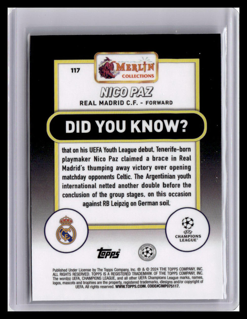 2023-24 Merlin UEFA Club Competitions #117 Nico Paz (RC)