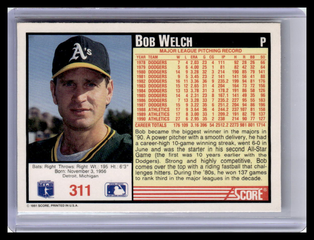 1991 Score #311 Bob Welch