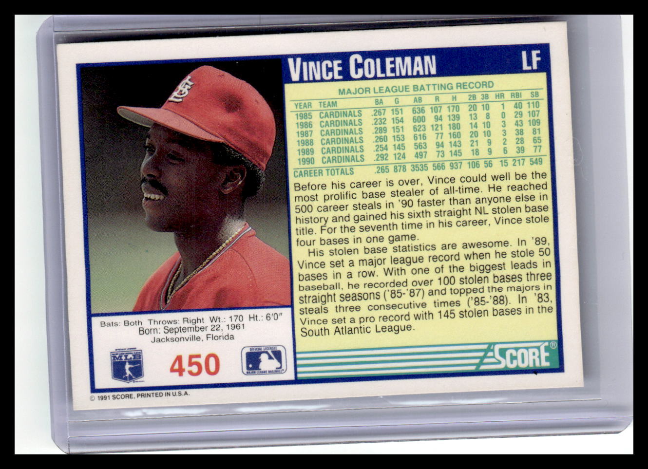 1991 Score #450 Vince Coleman