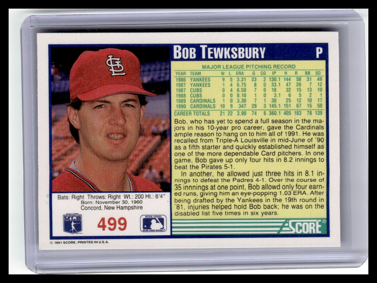 1991 Score #499 Bob Tewksbury