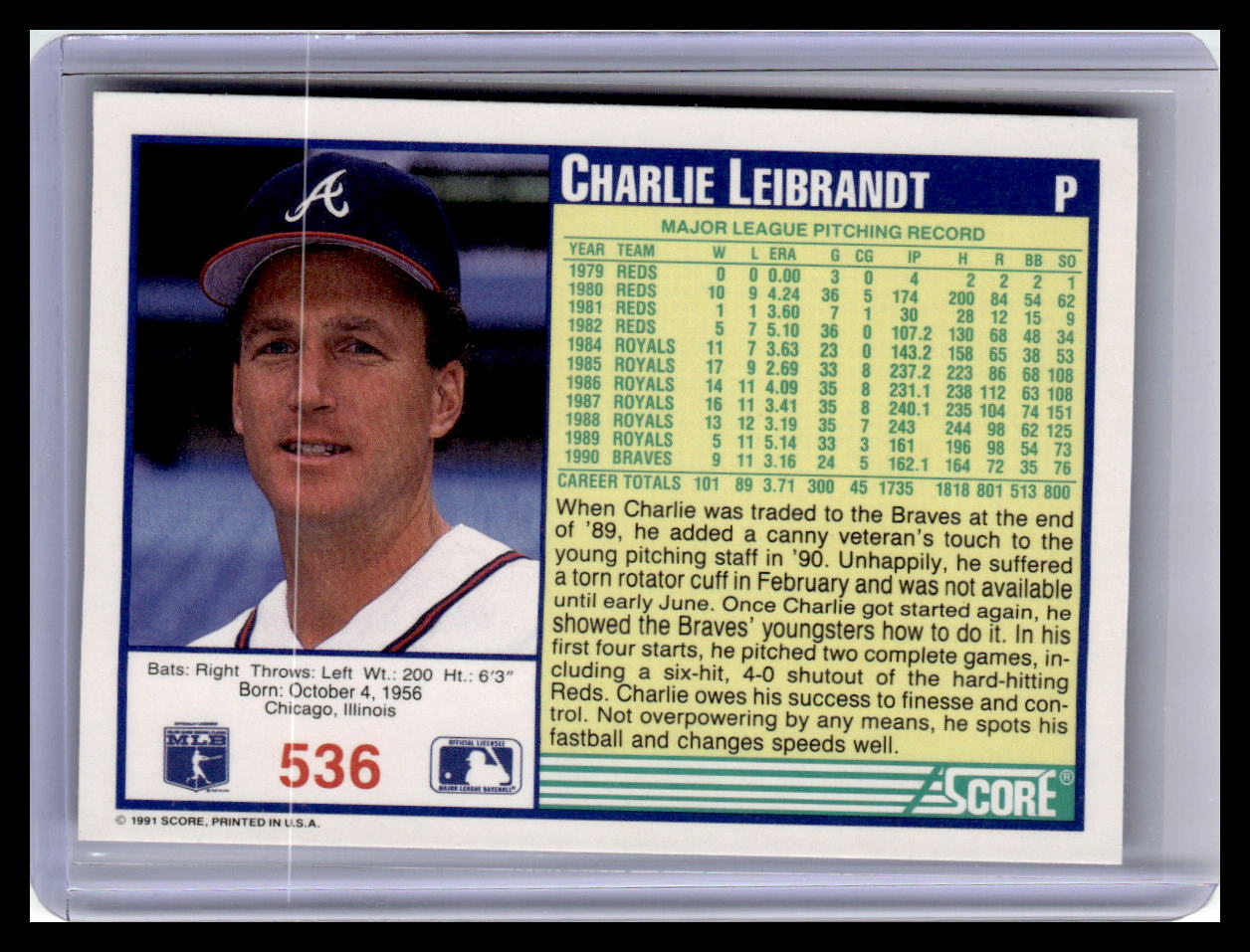 1991 Score #536 Charlie Leibrandt