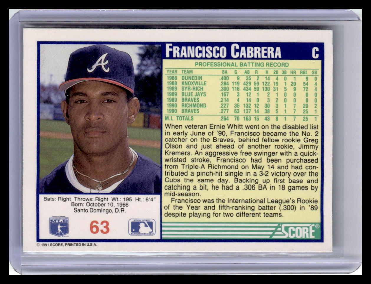 1991 Score #63 Francisco Cabrera