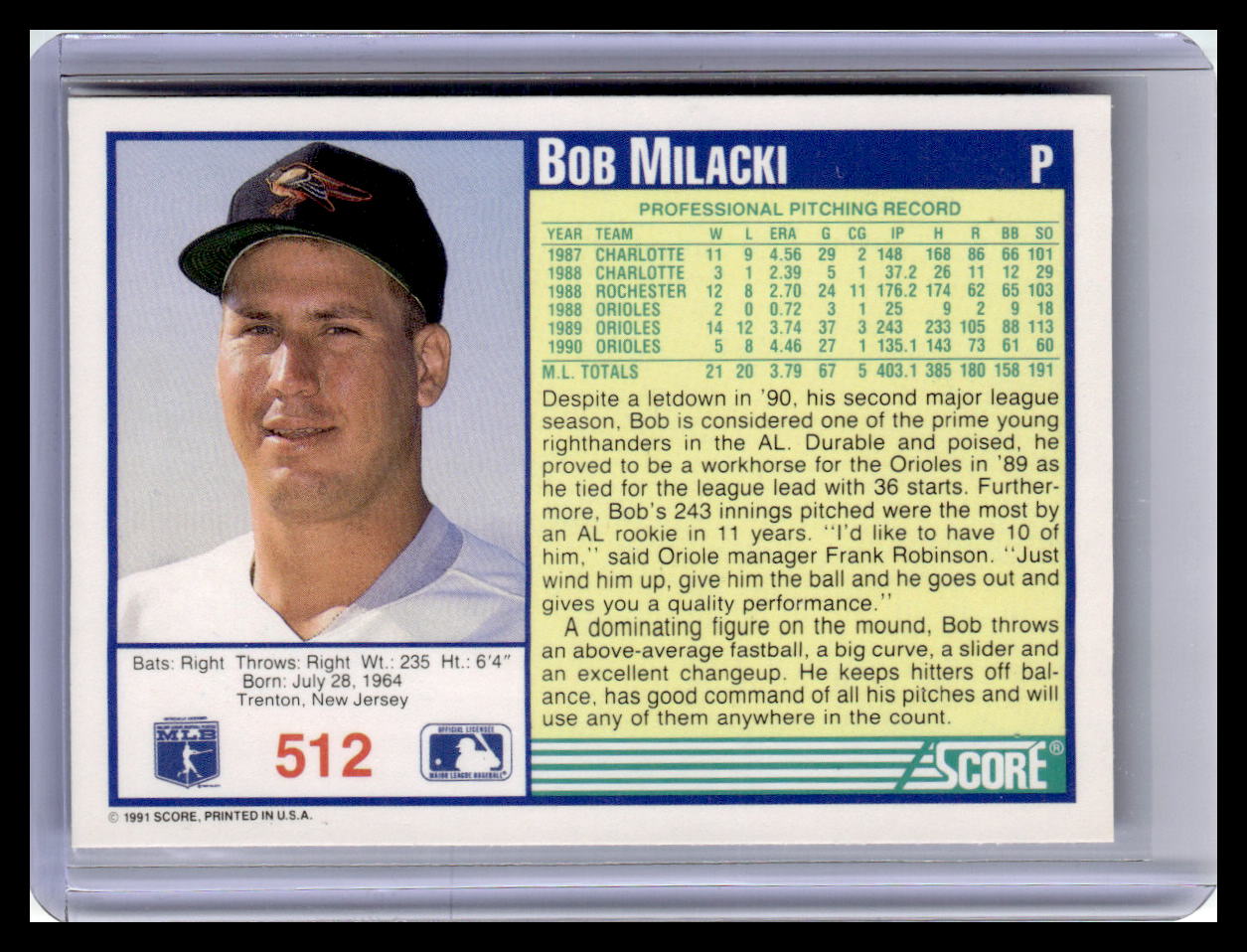 1991 Score #512 Bob Milacki