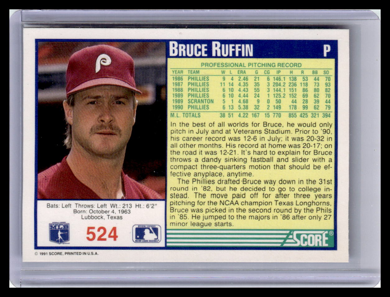 1991 Score #524 Bruce Ruffin