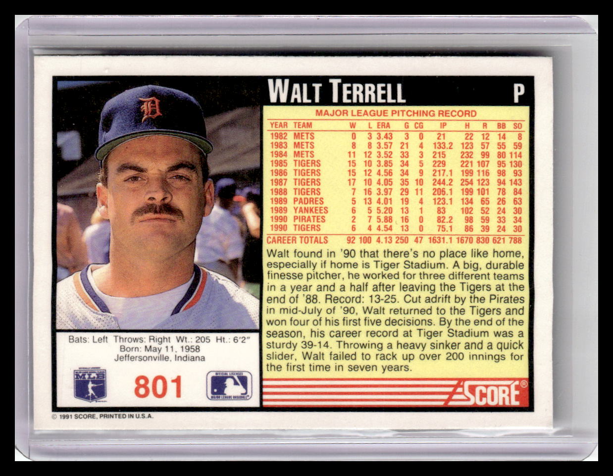 1991 Score #801 Walt Terrell
