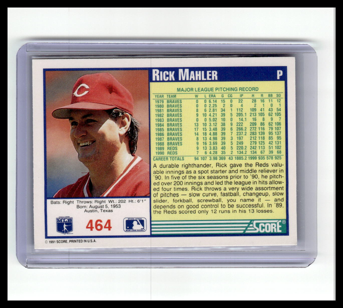 1991 Score #464 Rick Mahler
