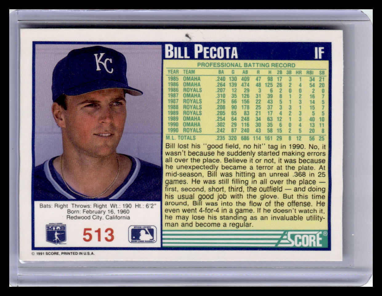 1991 Score #513 Bill Pecota
