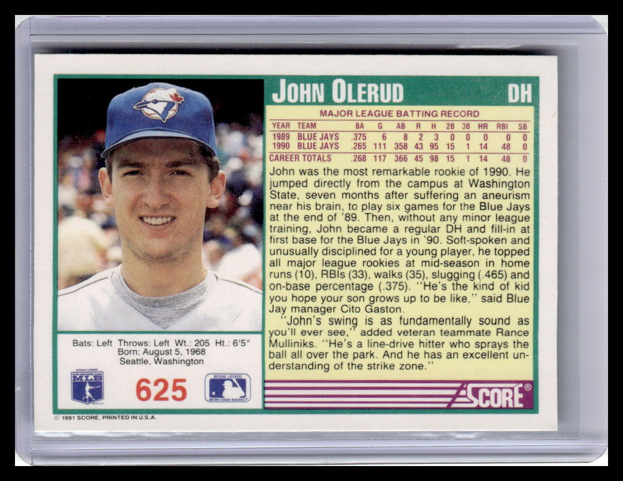 1991 Score #625 John Olerud