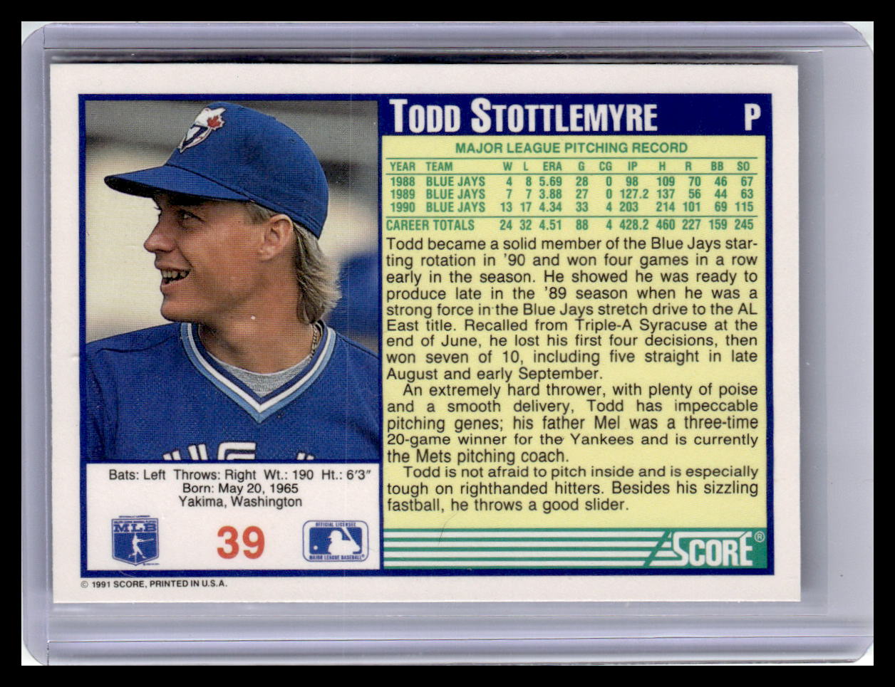 1991 Score #39 Todd Stottlemyre