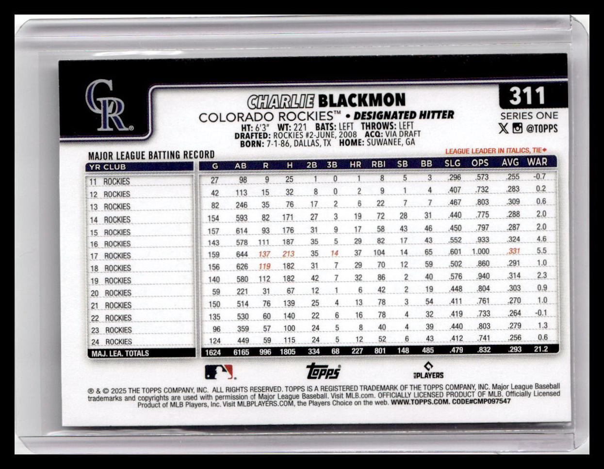 2025 Topps #311 Charlie Blackmon
