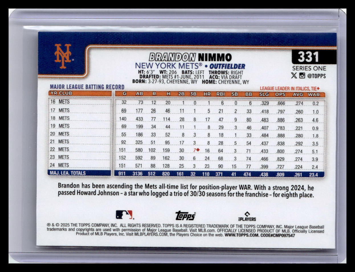 2025 Topps #331 Brandon Nimmo