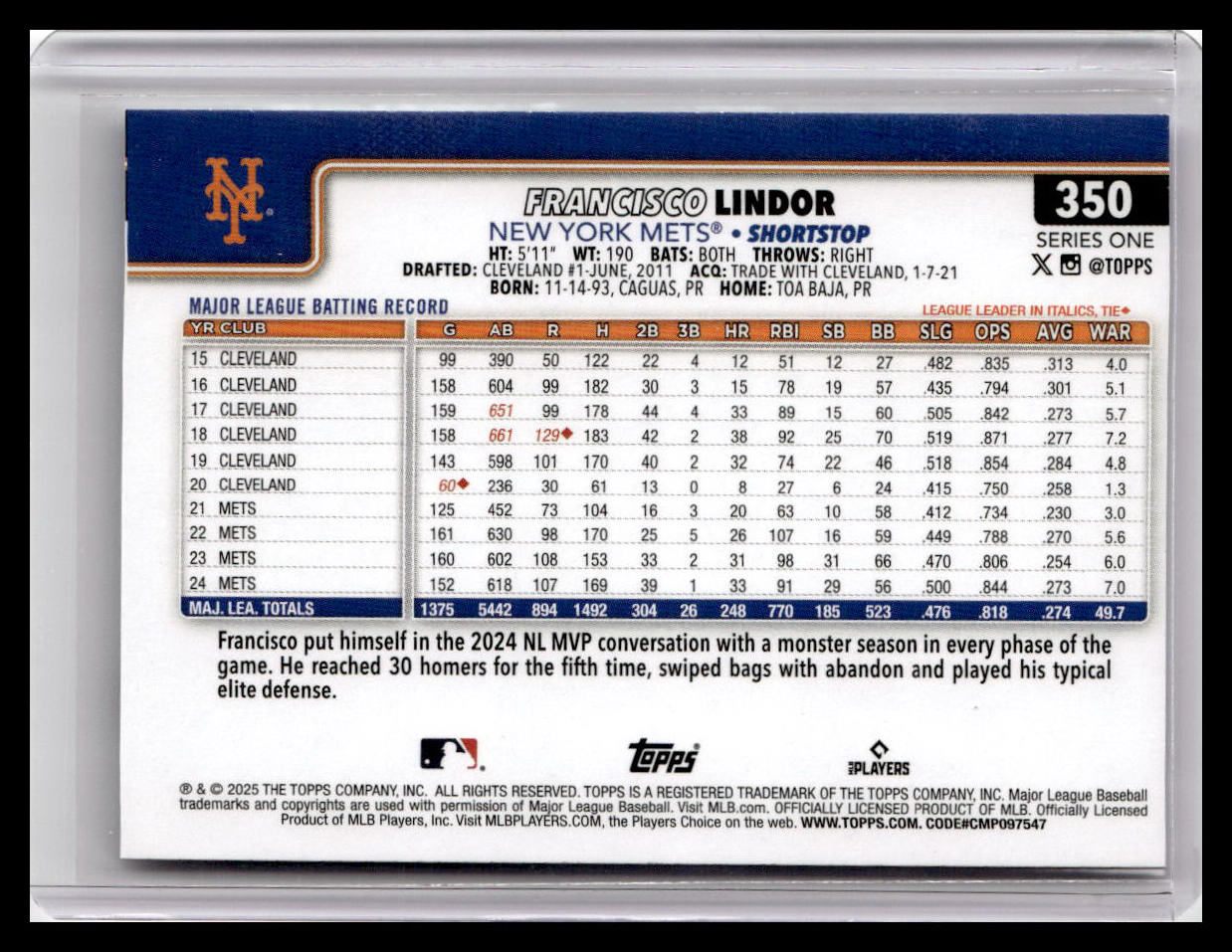 2025 Topps #350 Francisco Lindor
