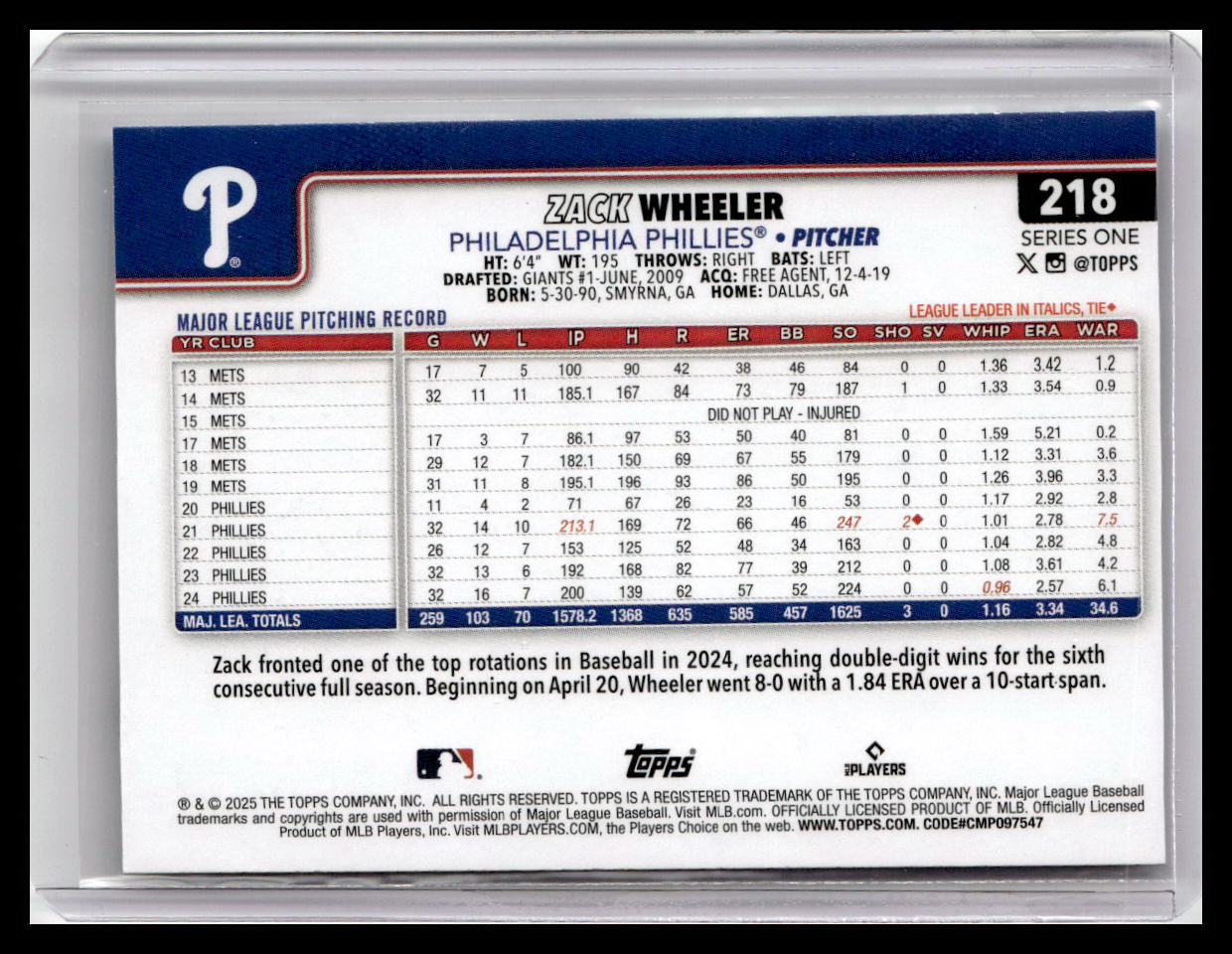 2025 Topps #218 Zack Wheeler