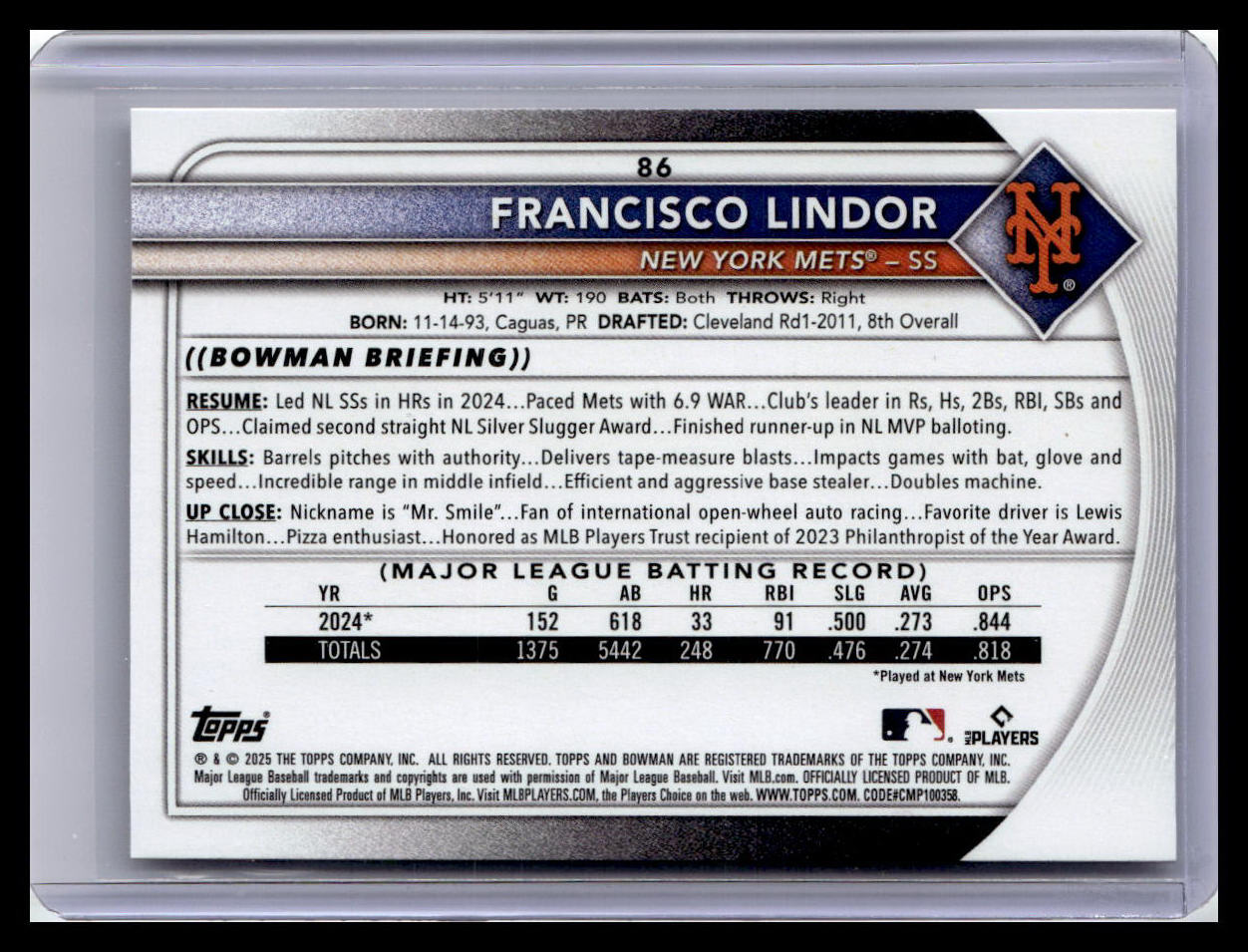 2025 Bowman #86 Francisco Lindor