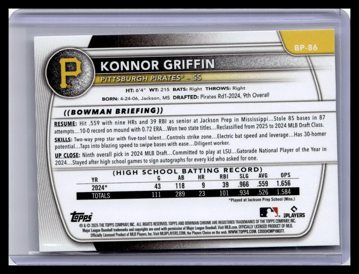 2025 Bowman #BCP-86 Konnor Griffin Chrome Prospects Mojo Refractor