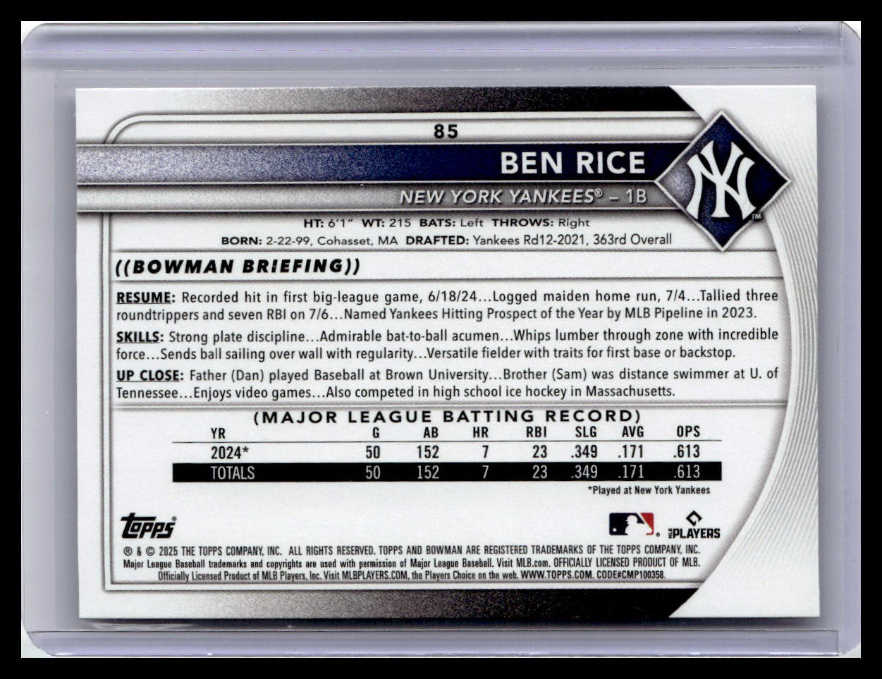2025 Bowman #85 Ben Rice
