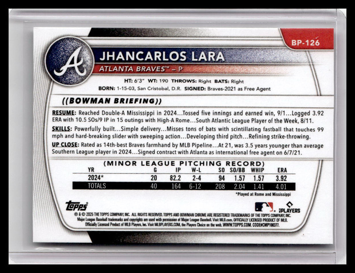 2025 Bowman #BP-126 Jhancarlos Lara Prospects