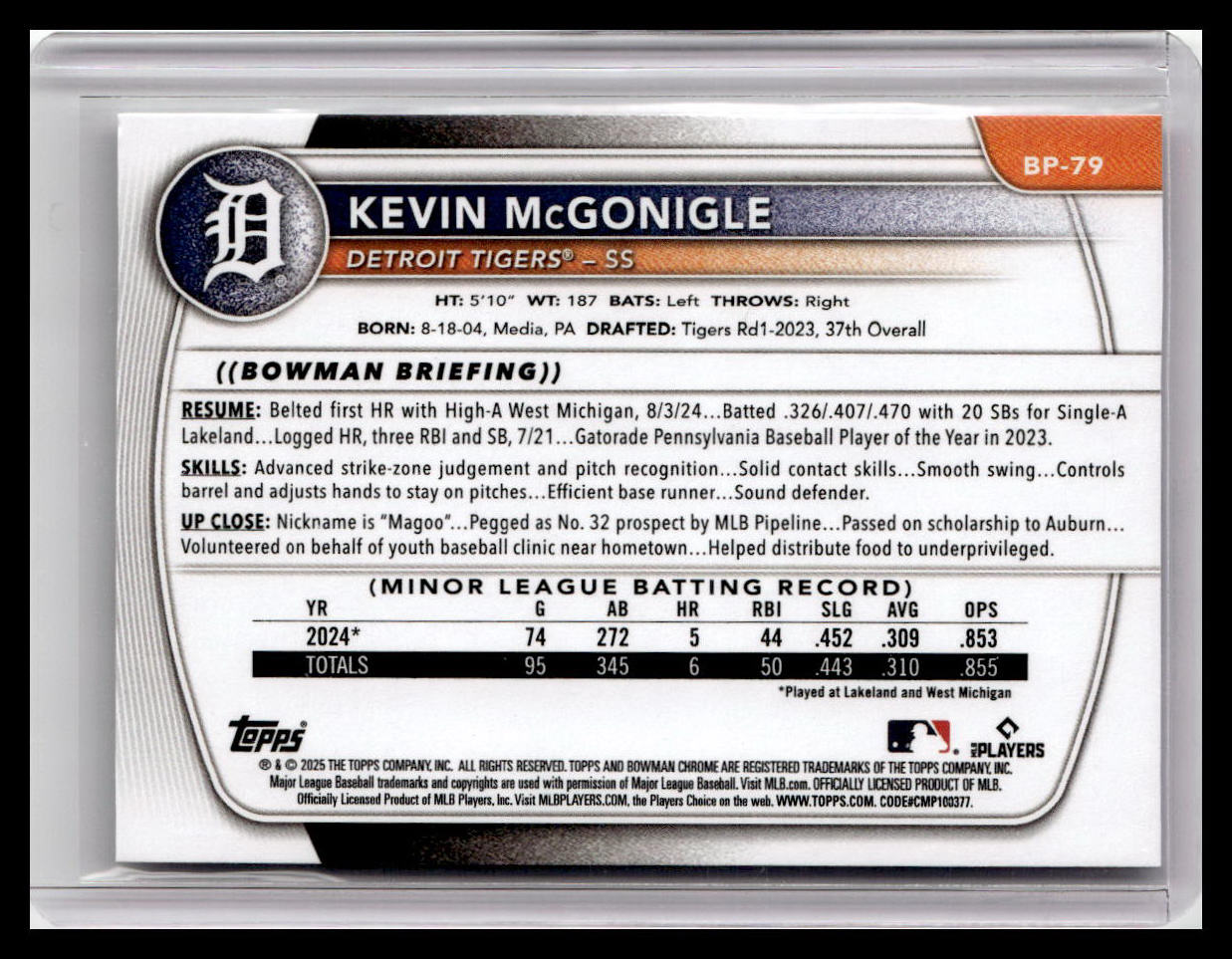 2025 Bowman #BP-79 Kevin McGonigle Prospects