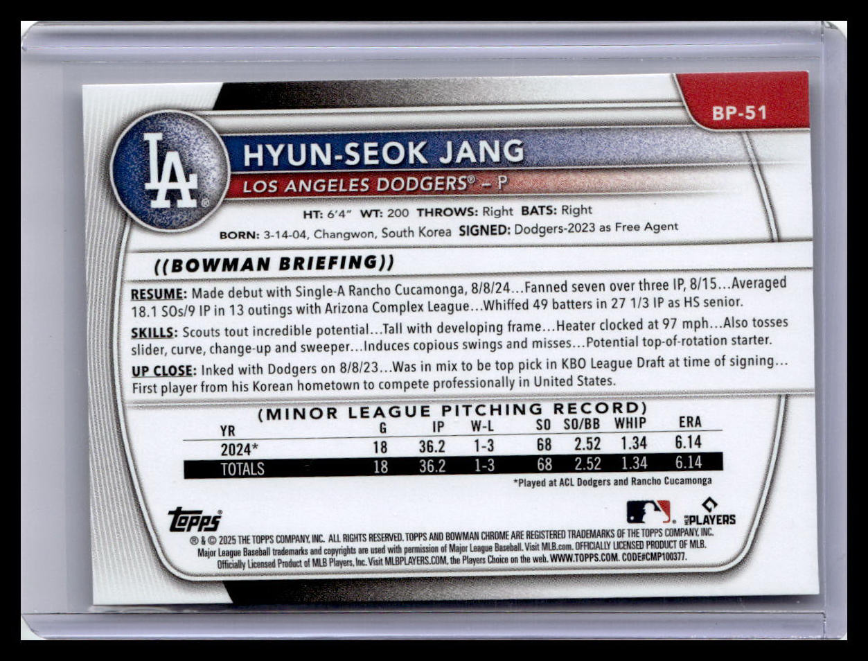 2025 Bowman #BP-51 Hyun-Seok Jang Prospects