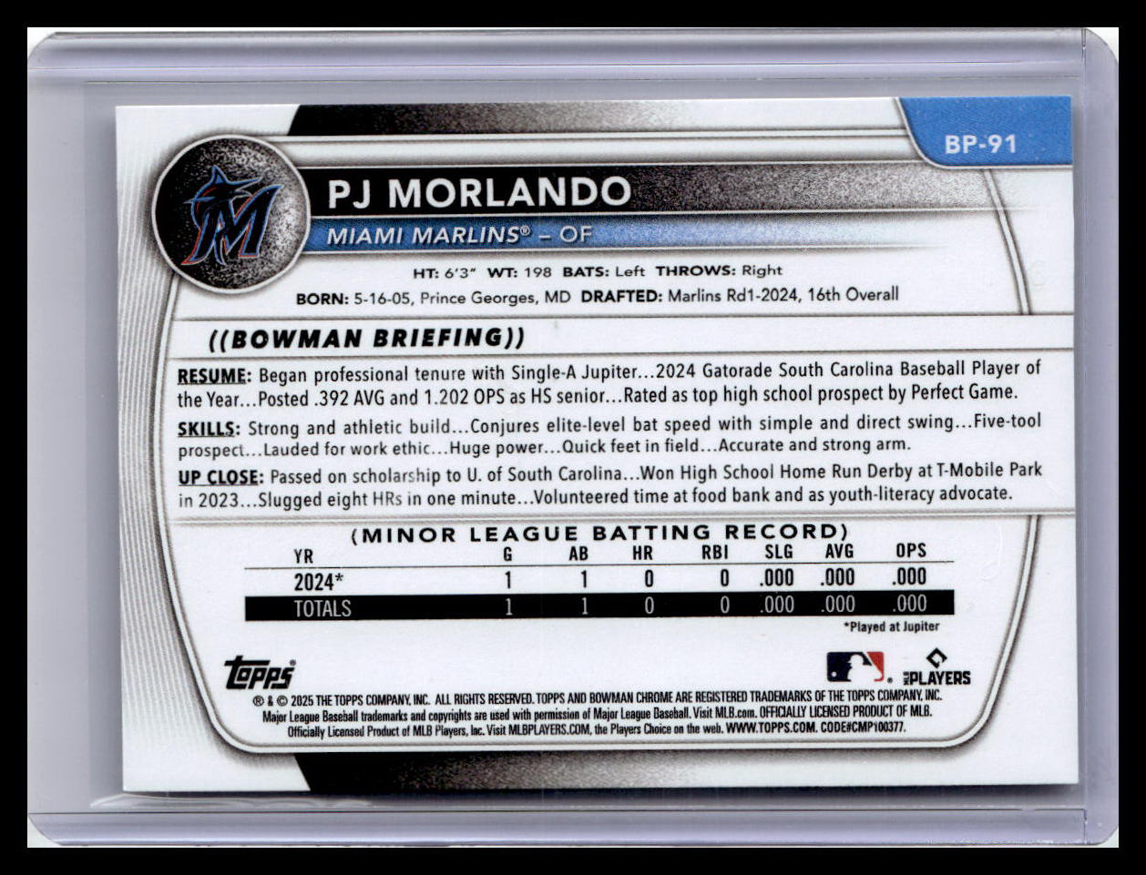2025 Bowman #BP-91 PJ Morlando Prospects Purple Pattern #/199