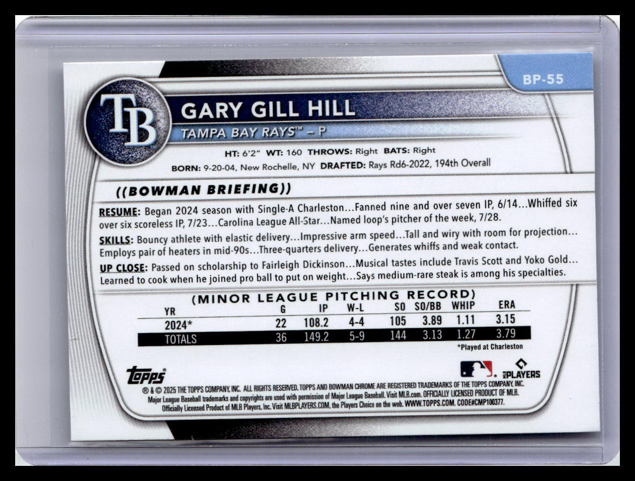 2025 Bowman #BP-55 Gary Gill Hill Prospects