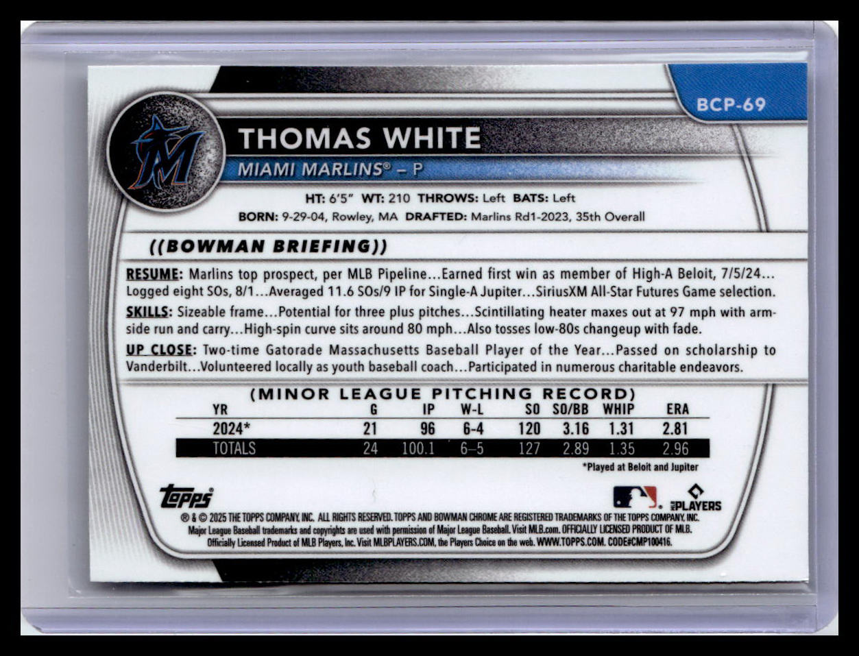 2025 Bowman #BCP-69 Thomas White Chrome Prospects
