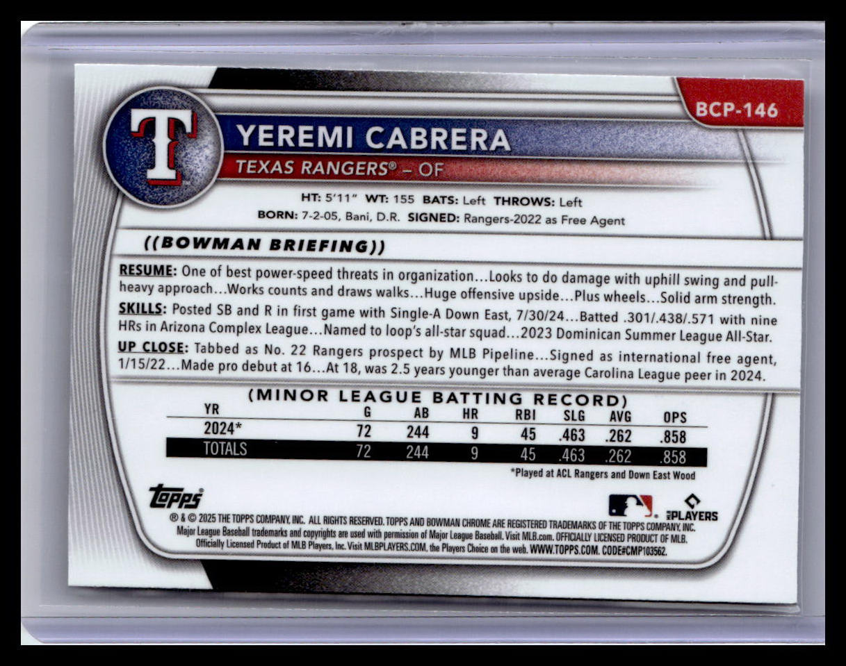 2025 Bowman #BCP-146 Yeremi Cabrera Chrome Prospects Mojo Refractor