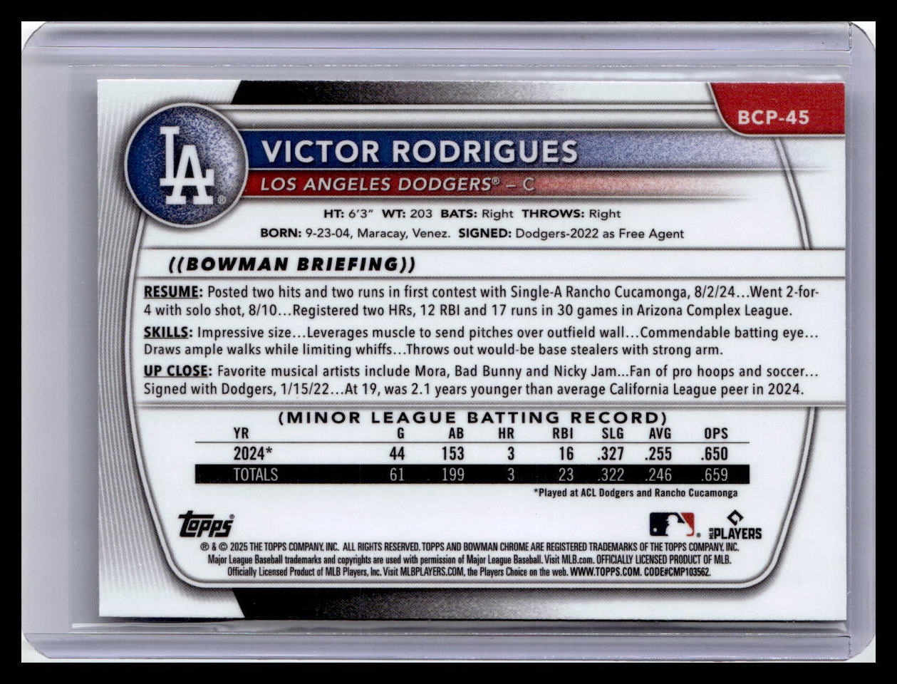 2025 Bowman #BCP-45 Victor Rodrigues Chrome Prospects Mojo Refractor