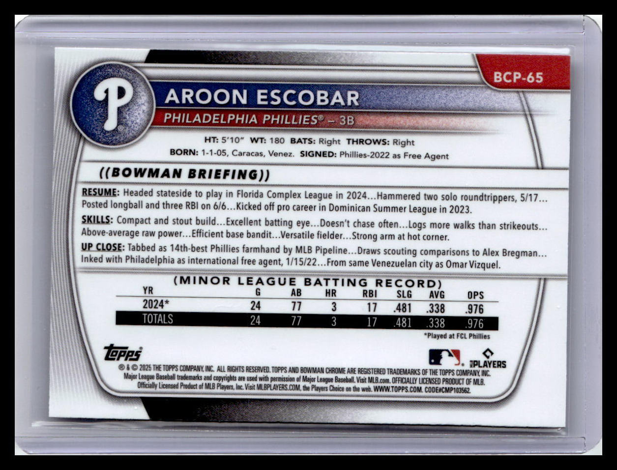 2025 Bowman #BCP-65 Aroon Escobar Chrome Prospects Mojo Refractor
