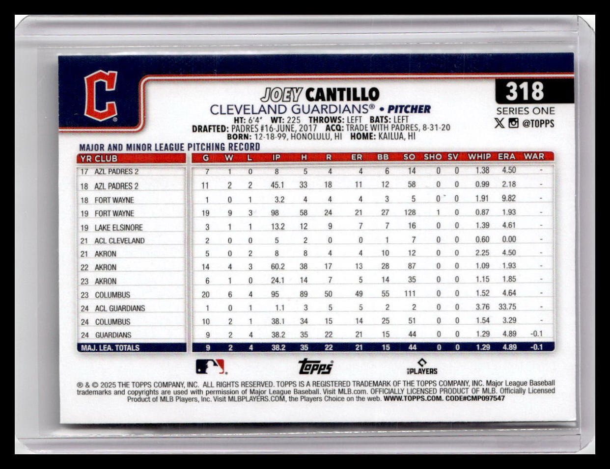 2025 Topps #318 Joey Cantillo