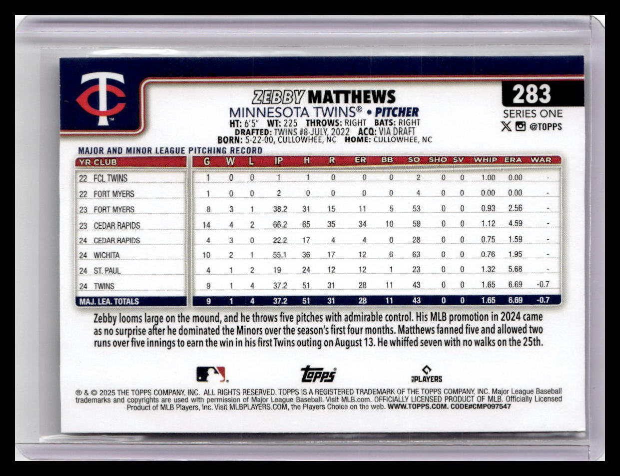2025 Topps #283 Zebby Matthews