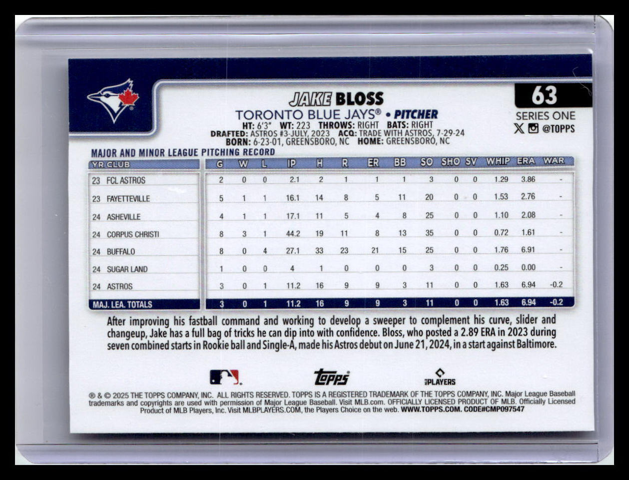 2025 Topps #63 Jake Bloss