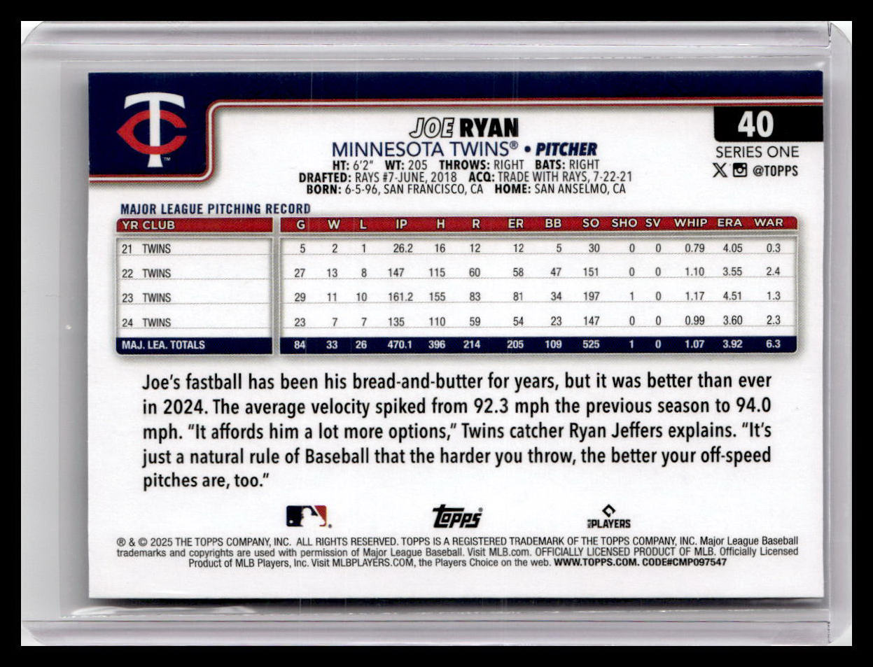 2025 Topps #40 Joe Ryan Rainbow Foil